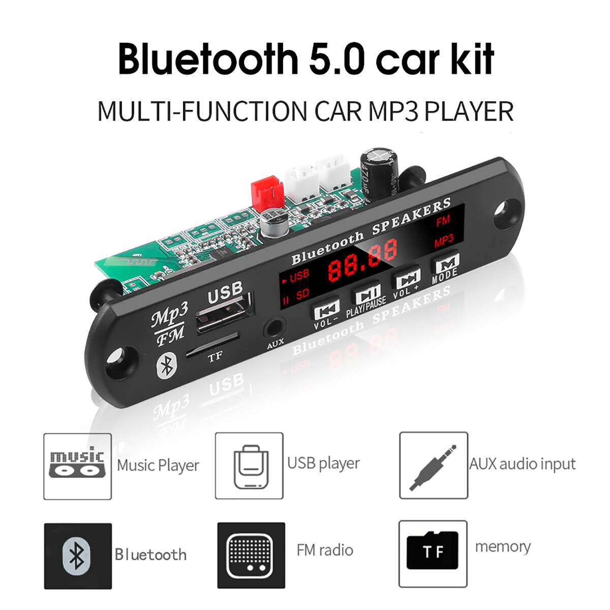 DC 12V Bluetooth 5.0 Decoder Board Wireless MP3 WMA Audio Player Support Recording FM TF Radio AUX Line-in Input Decoding Module
