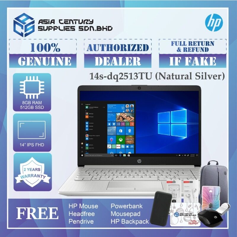 HP 14S-DQ2513TU 14 FHD Laptop Natural Silver ( i7-1165G7, 8GB, 512GB SSD, Iris Xe, W10, HS ) Malaysia