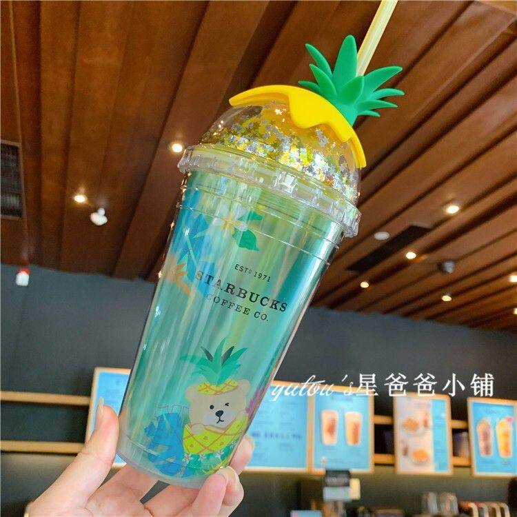 Startbuck Official Store Starbuck Straw Starbuck Authentic Cup Colorful Jungle Pineapple Bear Big Beak Bird Diamond Cut Mark Glass Straw Water Cup