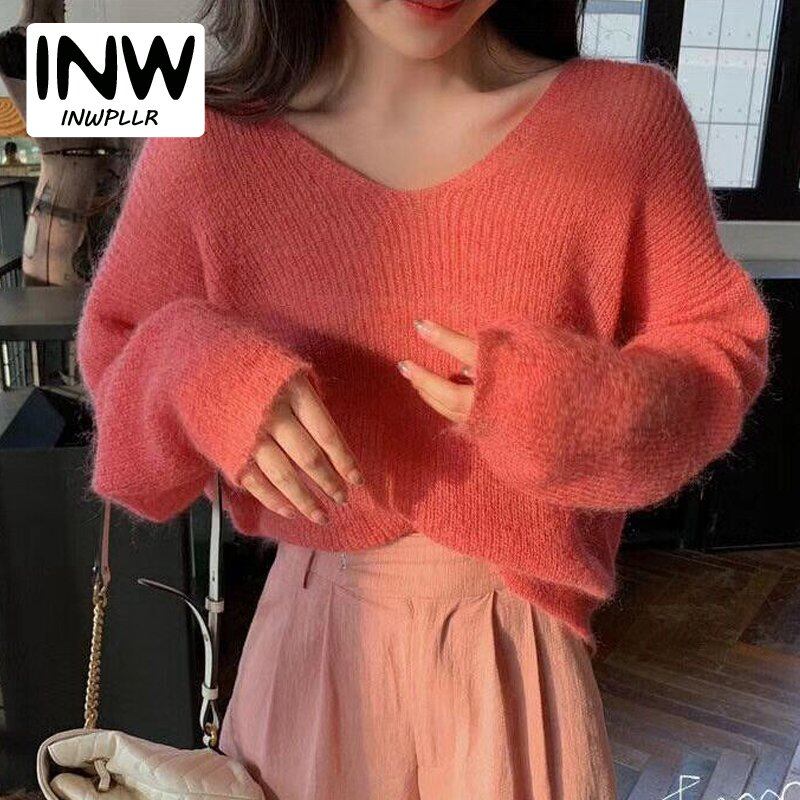 INWPLLR Autumn Winter Sweaters Women Korean Mohair V-Neck Sweater Fashion All-match Plain Pullovers Lady Sweet Soft Sweaters
