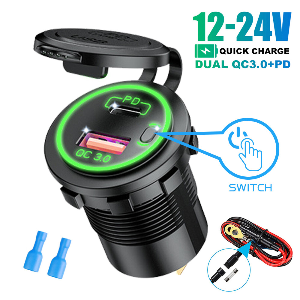 Car dual usb charger outlet with switch touch led light waterproof car usb phone charger 12v-24v usb car phone charger qc3.0 usb car socket fast charger