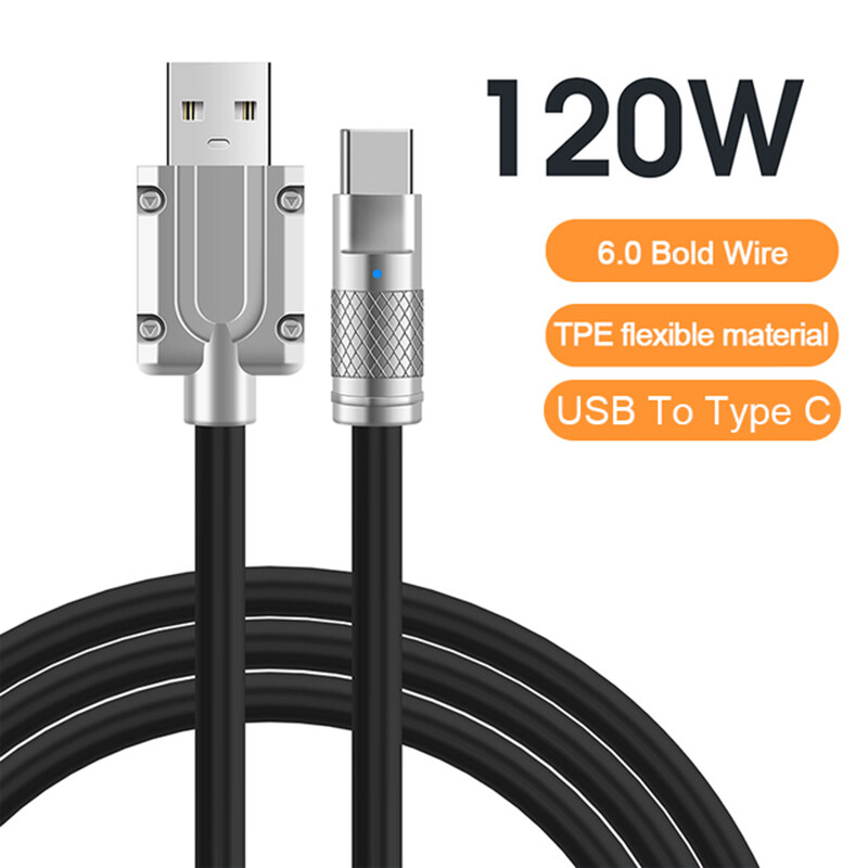 Disour 2m 120w 6a super fast charge cable metal zinc alloy liquid silicone line usb to type-c lightning micro-usb quick charger for xiaomi huawei compatible with iphone bold data charging cable