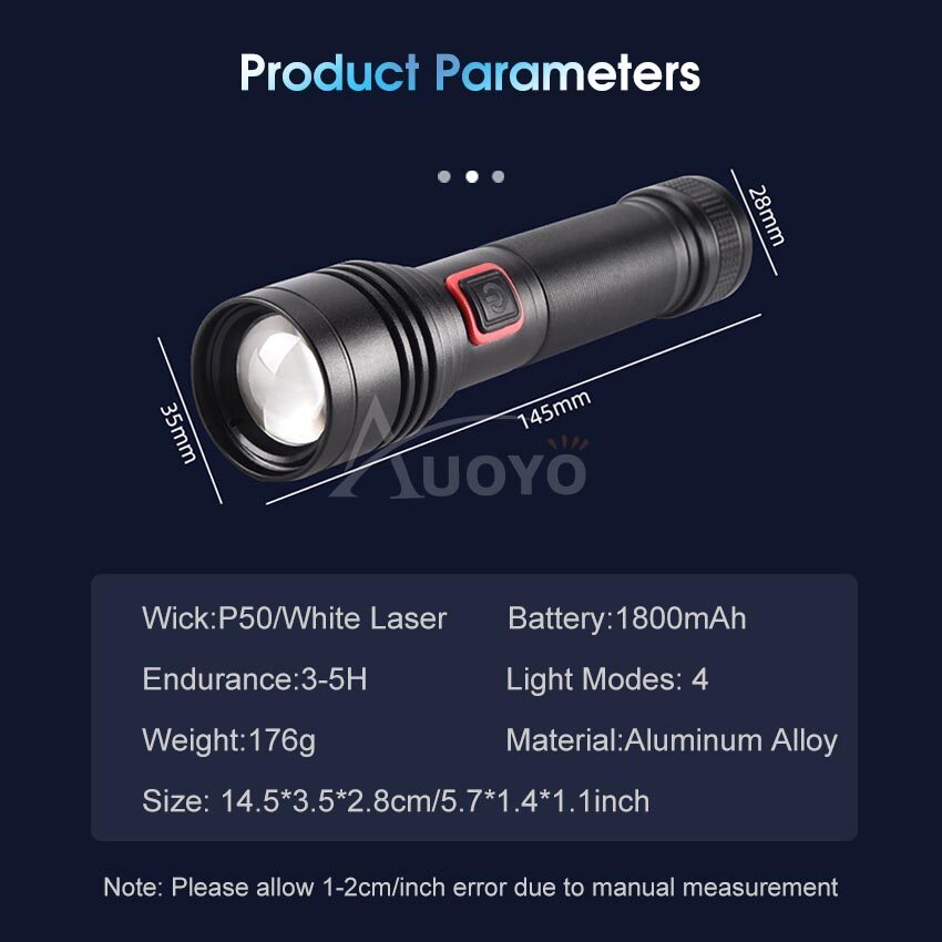Auoyo Flashlight Multifunctional P50 Mini Torch Light White Laser Flashlight Super Bright Flashlight Waterproof Outdoor Torchlight Zoomable LED Flashlight Penlight