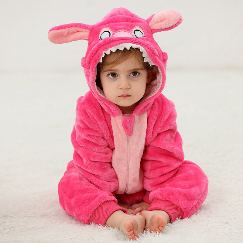 Newborn Baby Stitch One-piece Rompers Cartoon Onesie Sleepwear Kids Flannel Hooded Jumpsuit 0-36Month Baby Bodysuit Outfit