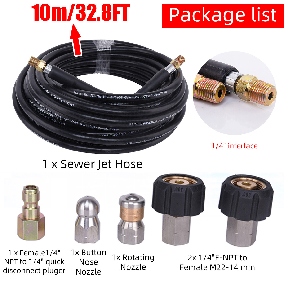 10m Pressure Washer Hose Sewer Jetter Kit Pressure Washer Jet Sewer