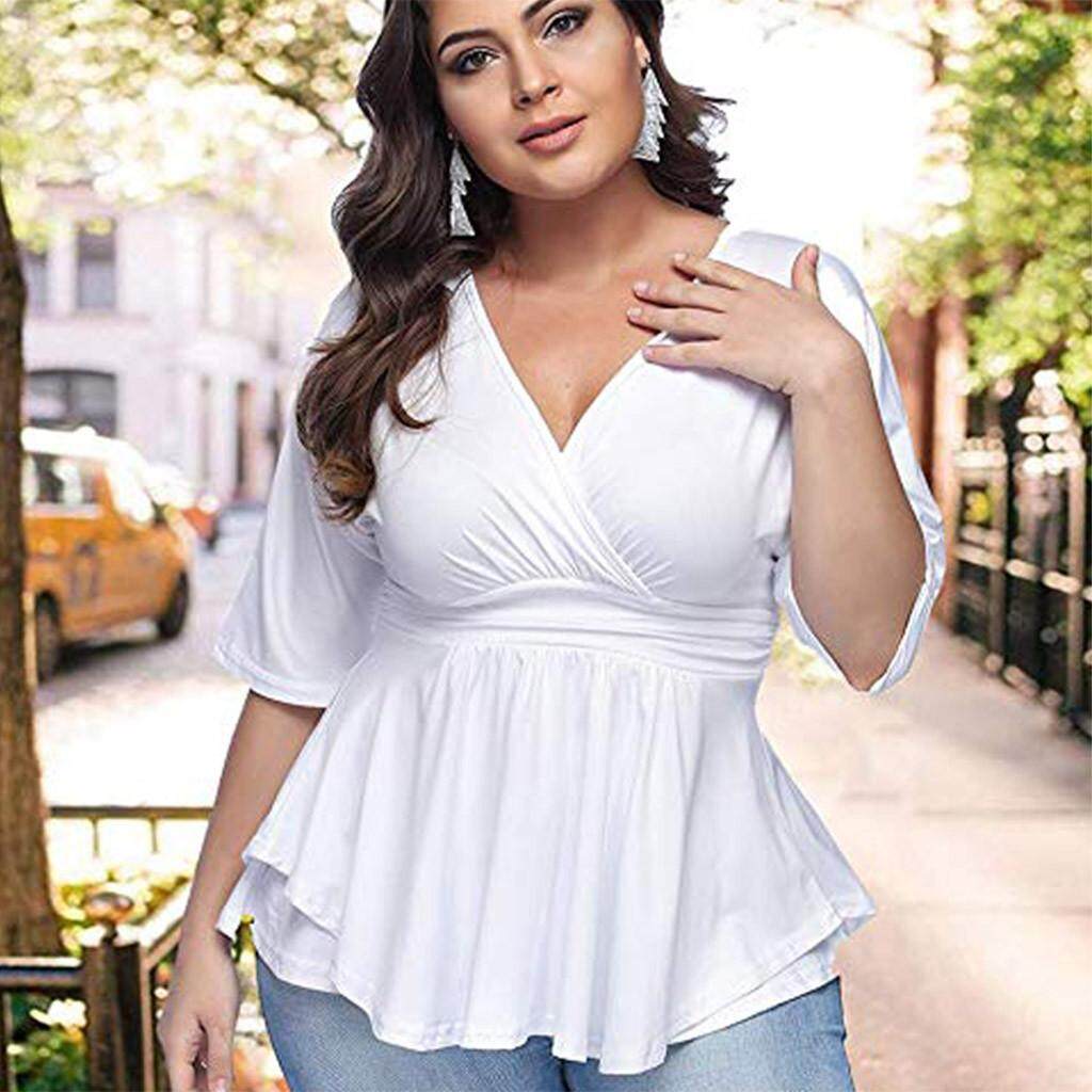 Ukuran Ukuran Besar Musim Panas Blus Fashion Musim Panas Wanita Kasual Solid Tengah Lengan Leher V Ukuran Besar Mudah Blus T baju Kaos Kemeja Tshirts Atasan untuk Wanita