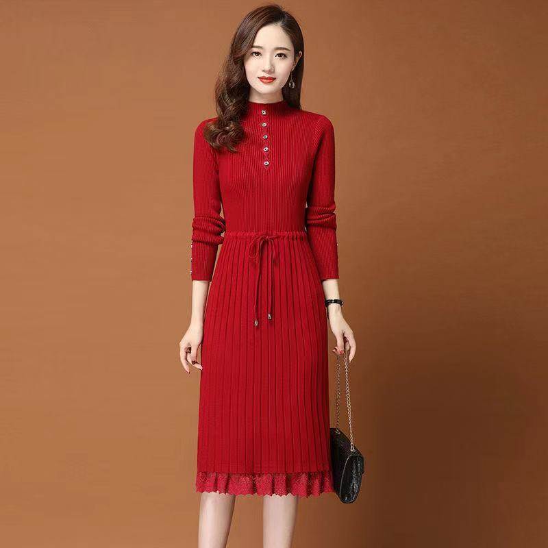Top★đầm nữ, áo len nữ thu đông viền ren váy dệt kim, đầm lửng nữ co giãn sườn mỏng 3xl 918