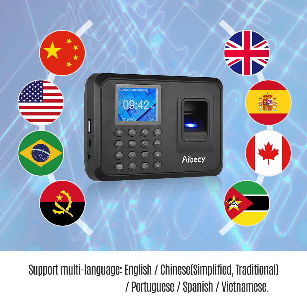 Aibecy Biometric Fingerprint Password Attendance Machine Multi-language with 2.4 inch LCD Screen Employee Management Time Clock Checking-in Recorder Support U Disk to Download Data