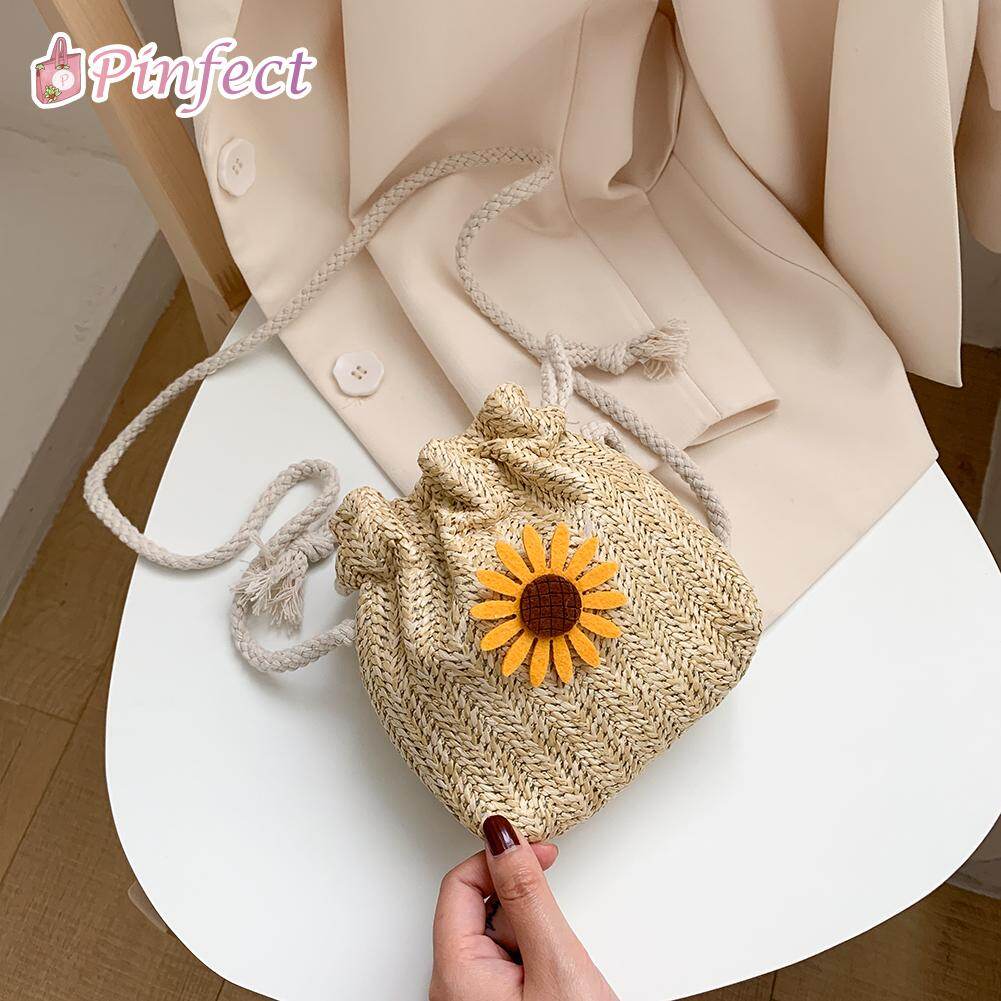 [Pinfect] Fashion Vintage Sunflower Drawstring Shoulder Bag Women Straw Pouch Beach Holiday Woven Small Crossbody Messenger Purse Handbag