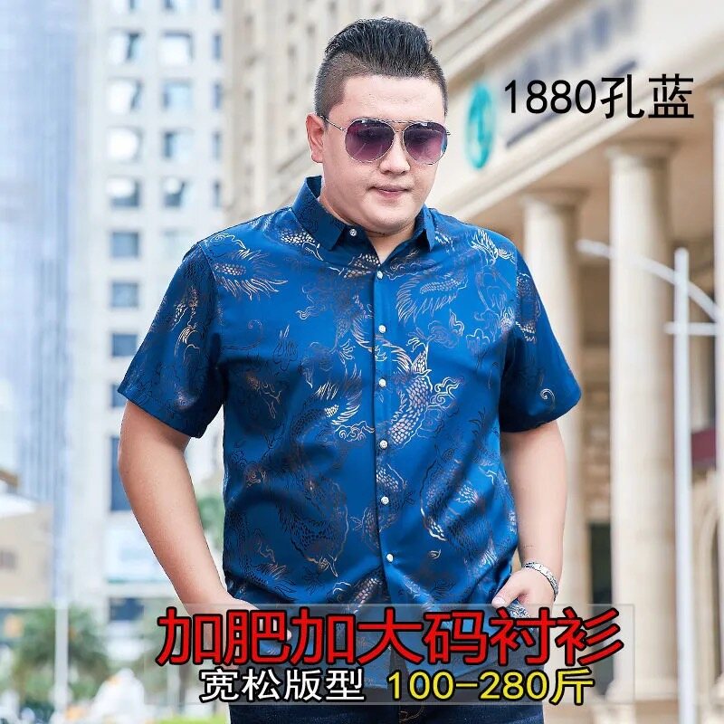 【M-7XL】130KG Can Wear Large Fat Oversize Big Plus Size Mens Print Short Sleeve Shirt Loose Fashion Casual Top For Men Summer