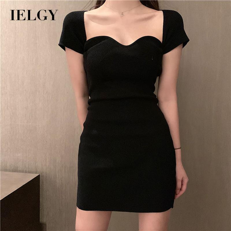IELGY One-line neck knit off-shoulder women's slim fit tight-fitting hip dress