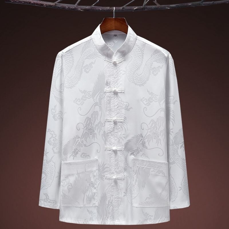 Spring and summer ice silk middle-aged and elderly people's Tang suit men's long sleeved autumn suit dad's silk shirt grandpa's Han suit