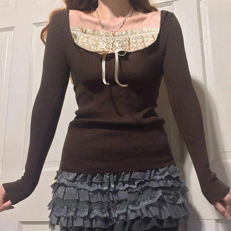 beautifultime y2k Lace Bow Kawaii T-shirt Full Sleeve Square Collar Crop Top Cute Retro Brown Knitted Pullovers Chic Women Korean Fashion Tees