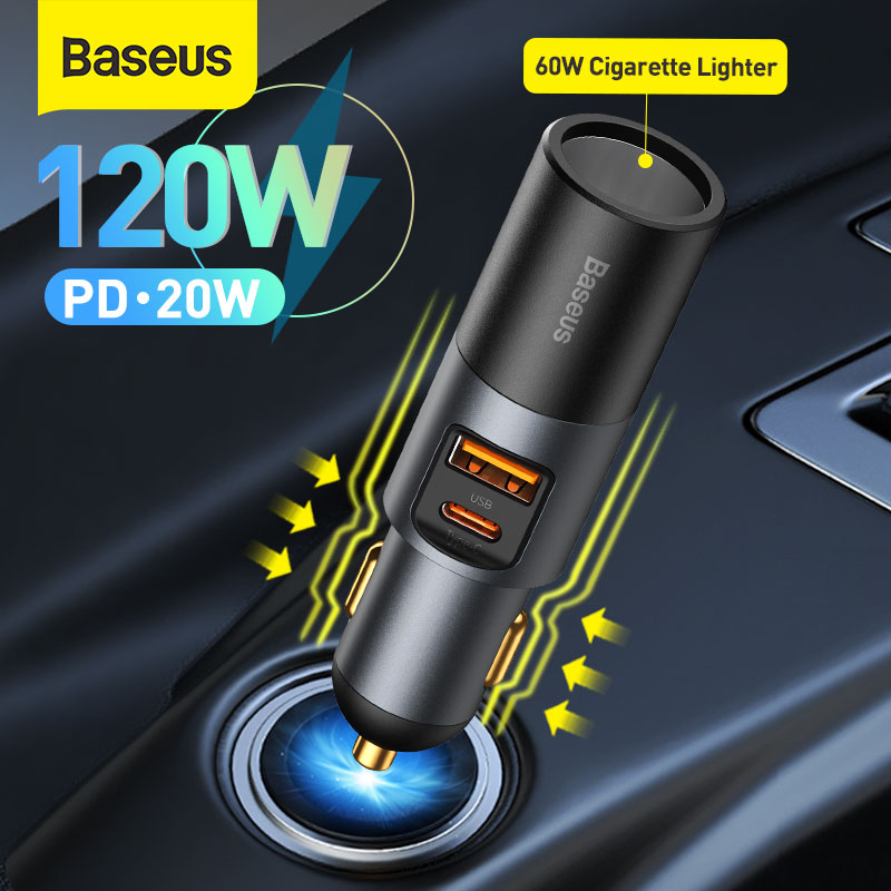 Baseus 120W Car Charger Splitter Lighter QC4.0 QC3.0 PD PPS For IPhone Samsung Xiaomi Type C Dual USB Fast Charger Car Charger