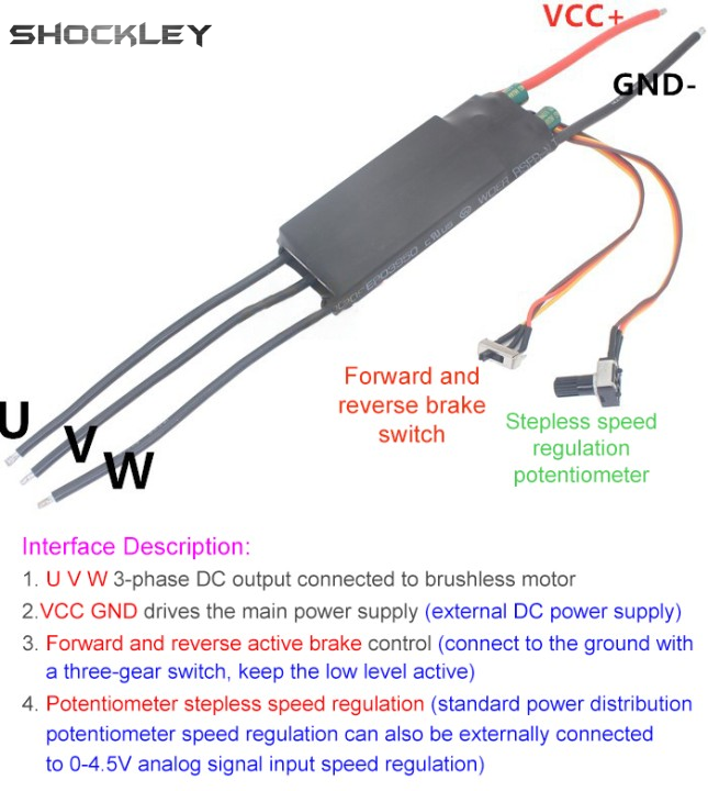 Shockley DC6-24V 1000W BLDC Three-phase DC Brushless and Hallless Driver Board with Forward and Reverse Switch With Wireless Speed Regulating Potentiometer