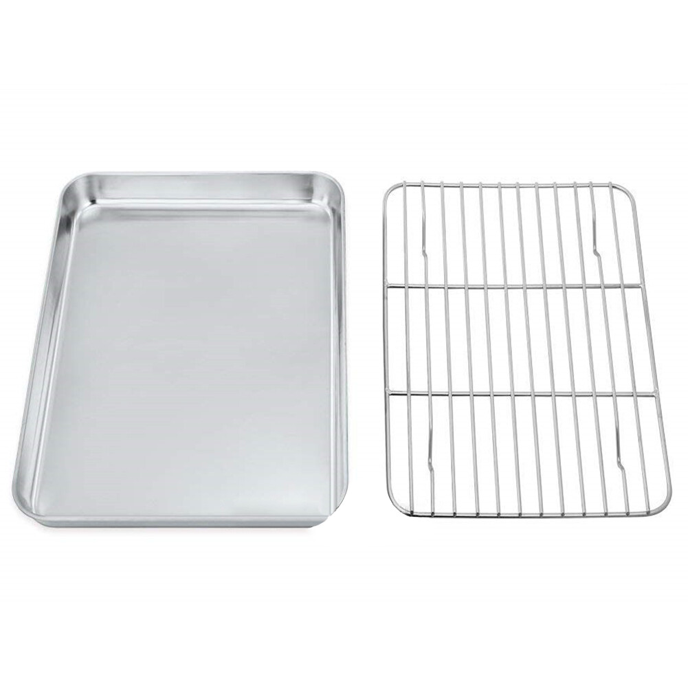 JAREDQ Stainless Steel Rectangular Shape Grill Cookie Baking Bread Cakes Oven Pan Non-stick Tray Plate Oil Control Tray With Grid Rack Kitchen Gadget