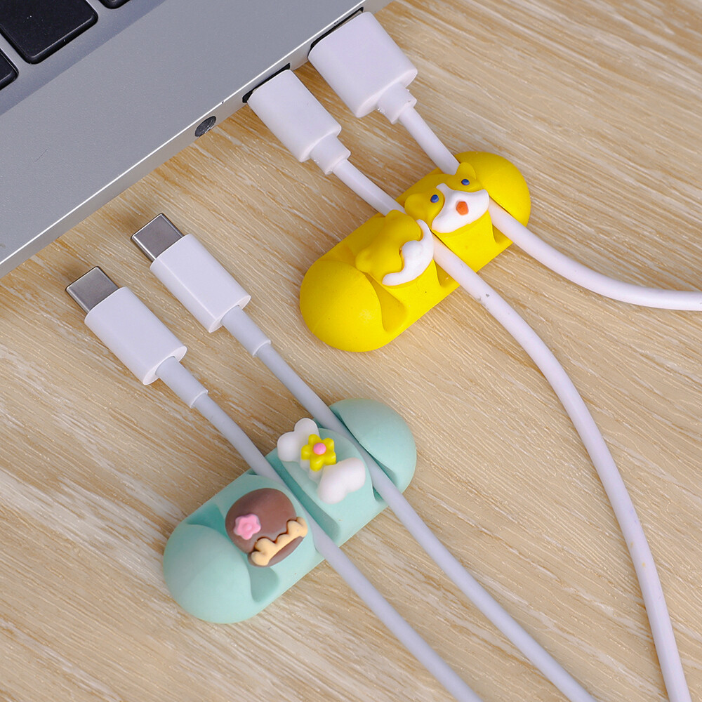 Cartoon Desktop Data Cable Manager Silicone Buckle Self-adhesive Wire Fixer Charging Cable Clip Buckle Winder Hub