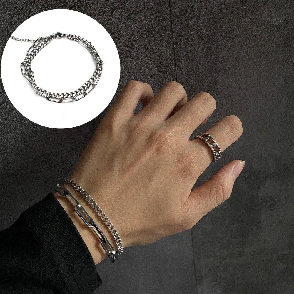 sanhe INS Japan and Korea Titanium Steel Non-fade Bracelet Men and Women Hip-hop Simple Versatile Double Chain