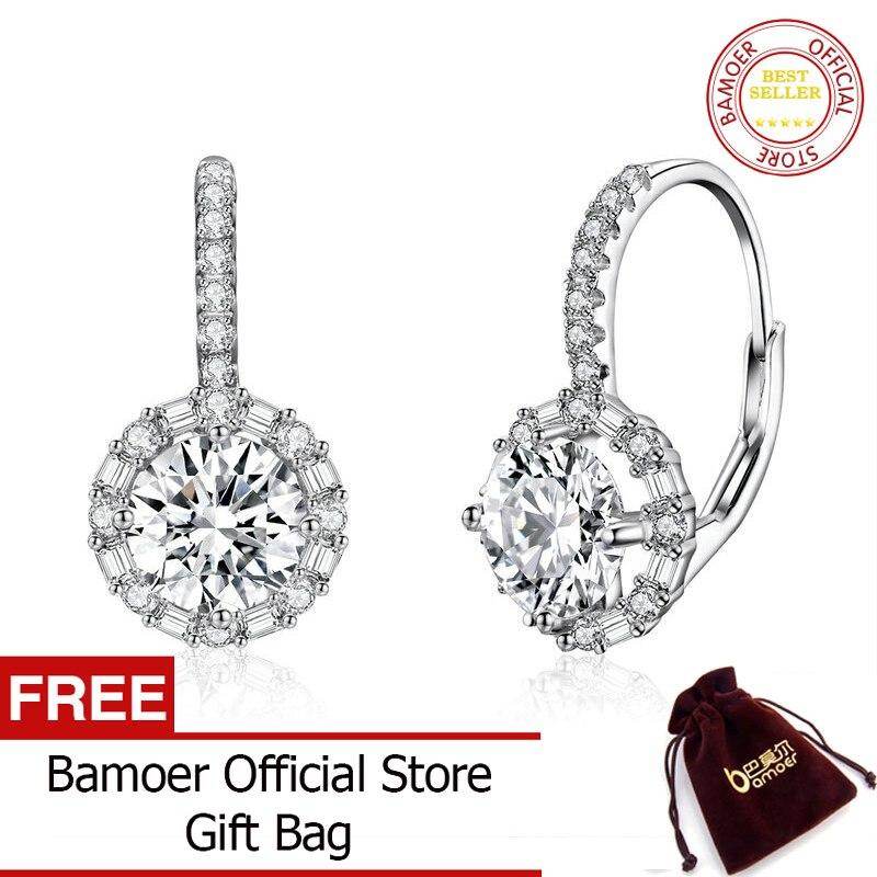 BAMOER Authentic 925 Sterling Silver Dazzling Cubic Zircon Round Zircon Drop Earrings for Women Wedding Silver Jewelry SCE508 Jan
