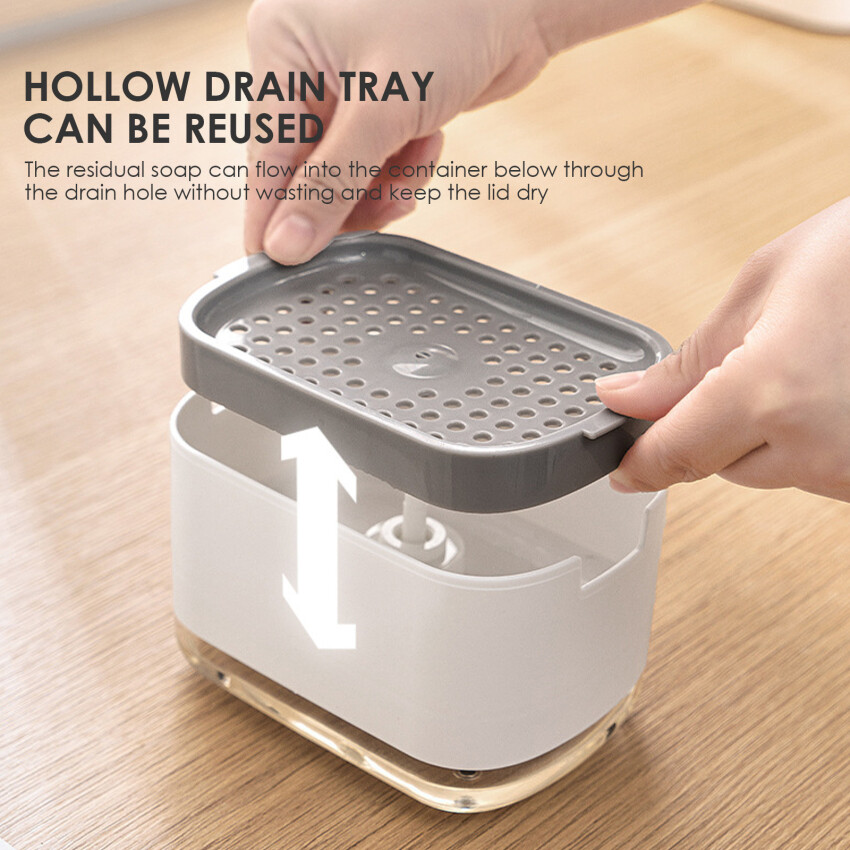 Manual Press Dishwashing Container Double Layer Cleaning Liquid Box Soap Pump Dispenser Detergent Dispenser Foam Bottle W/ Sponge