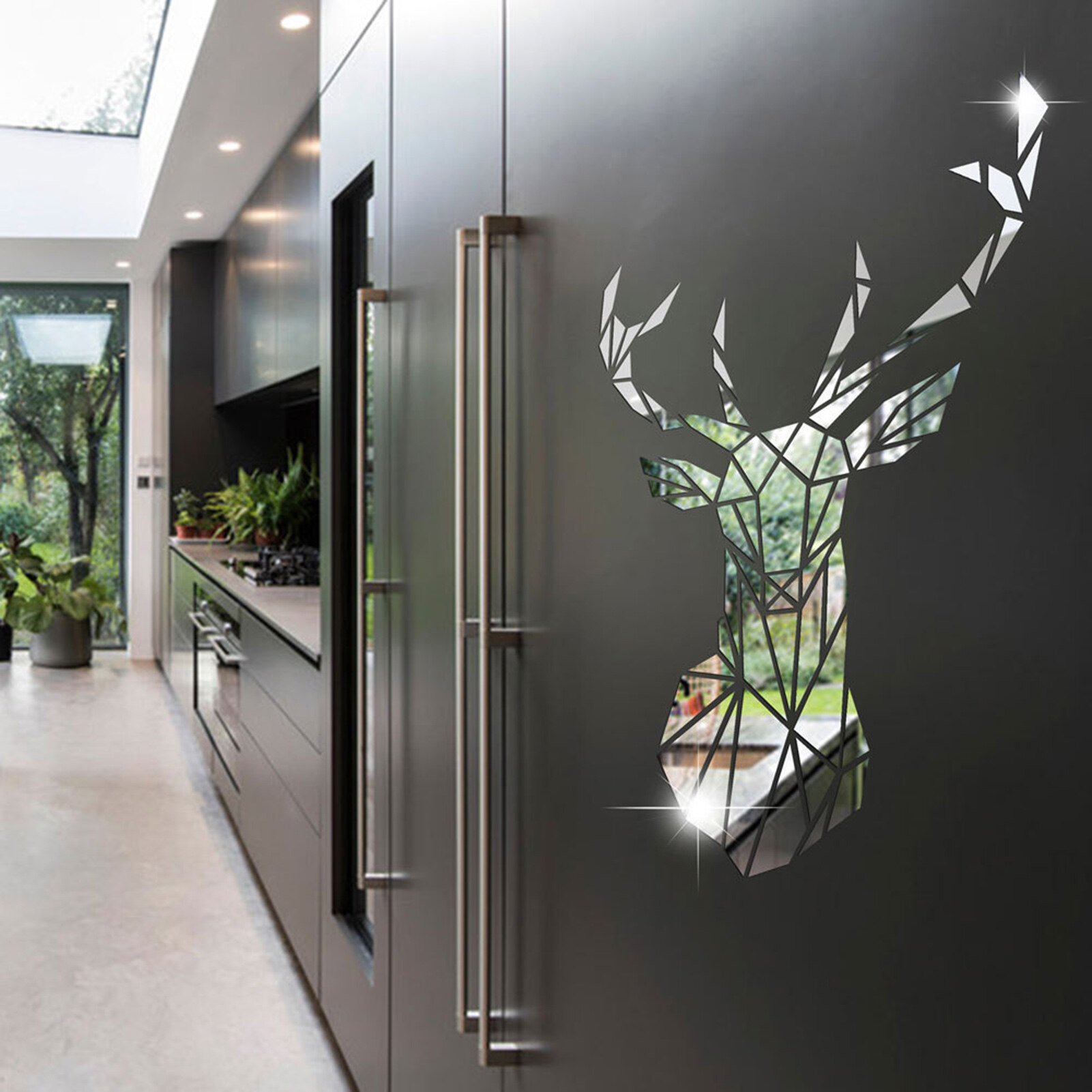 1 Set Mirror Wall Sticker Self Adhesive Strong Stickiness Removable Reflective Effect Smooth Surface Deer Head 3D Mirror Sticker Wall Art Decoration Bedroom Supplies