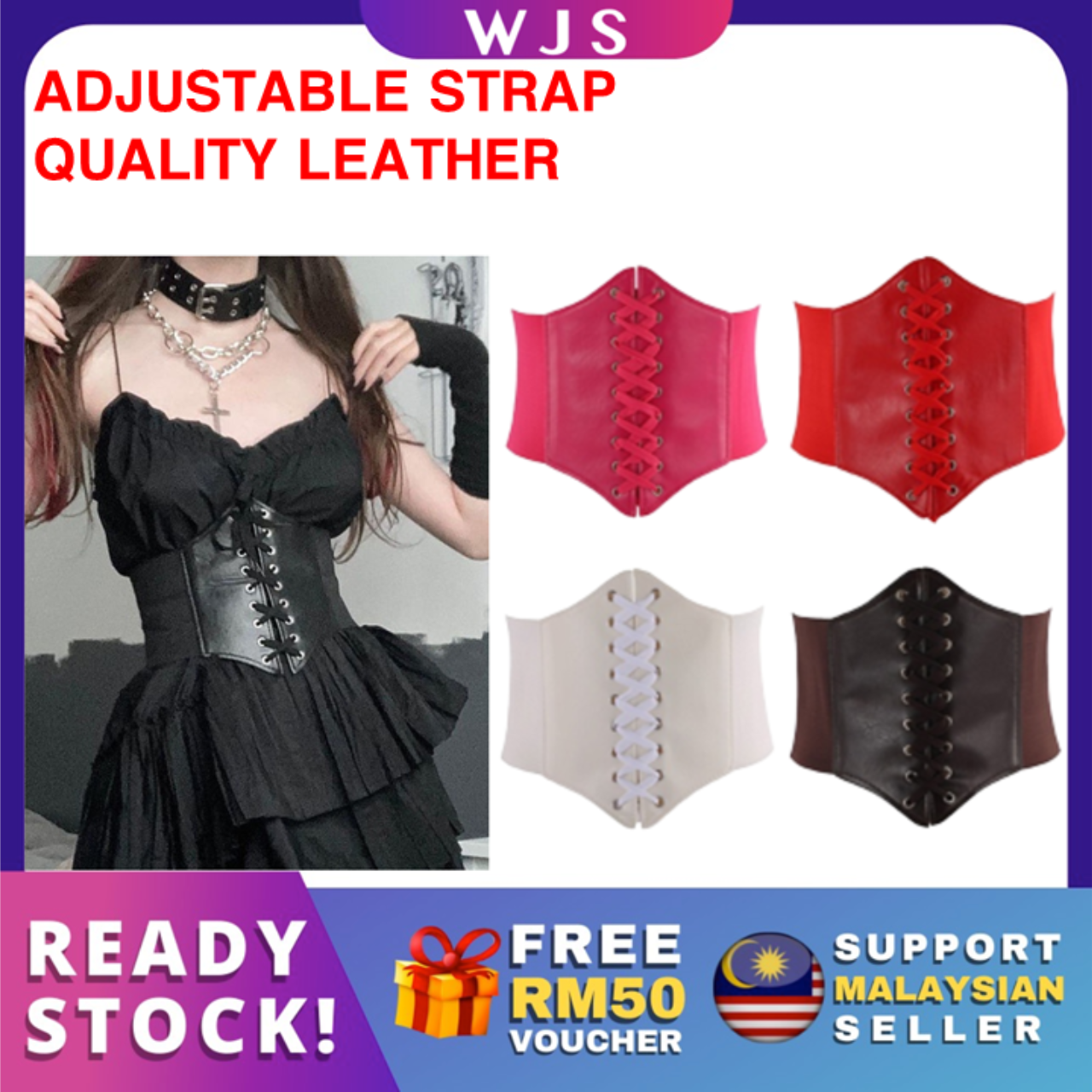 (ADJUSTABLE STRAP) WJS Gothic Dark Lace Up Female Waist Corset Belt