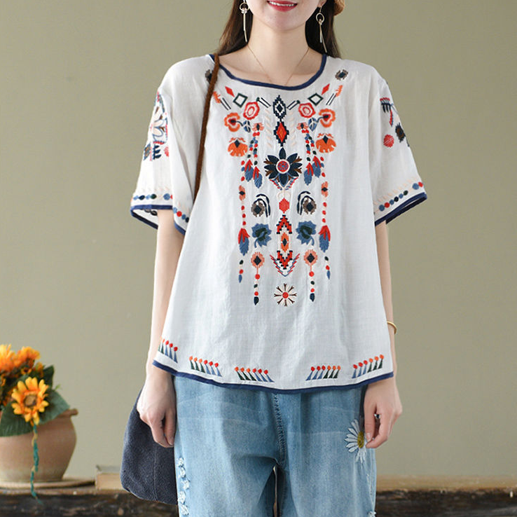 LUCKIN STORE Cotton Linen Embroidered Women's T-shirt Summer O-Neck Short Sleeve Loose Blouse Plus Size