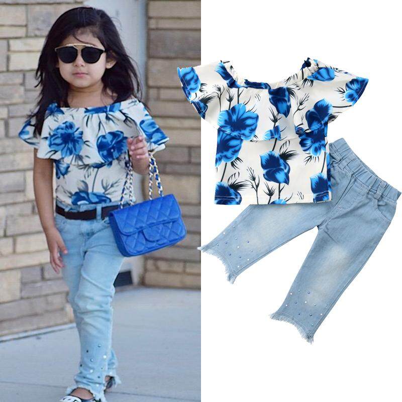 Toddler Kids Baby Girl Floral Tops T-shirt Denim Pants Trouser Jeans Clothes Set