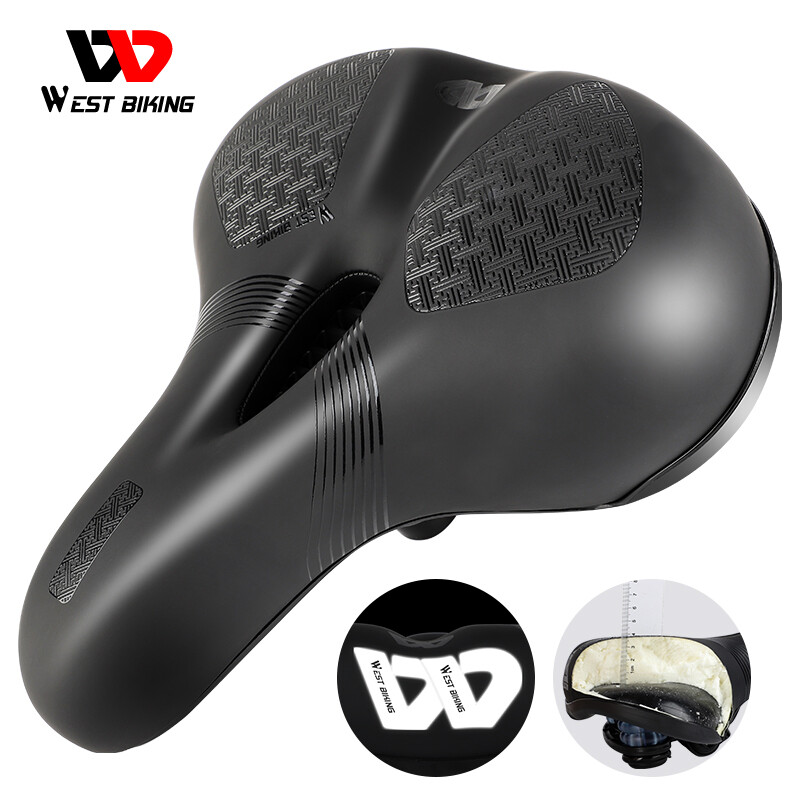 West Biking Big Bicycle Saddle Seat Reflective MTB Soft Comfortable Saddle PU Leather Non-Slip Sponge Shockproof Saddle Biking Part Bike Accessories