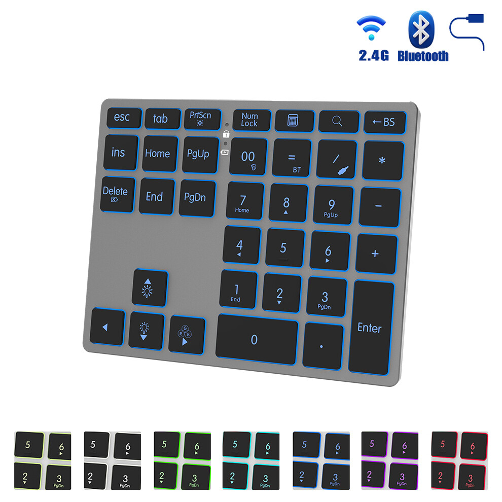 JOMAA RGB Backlit Bluetooth numeric keypad Backlit Numeric Keypad 2.4G Wireless Bluetooth for Tablet notebook MacBook iPad PC Rechargeable Digital Number keyboard for Accounting IOS