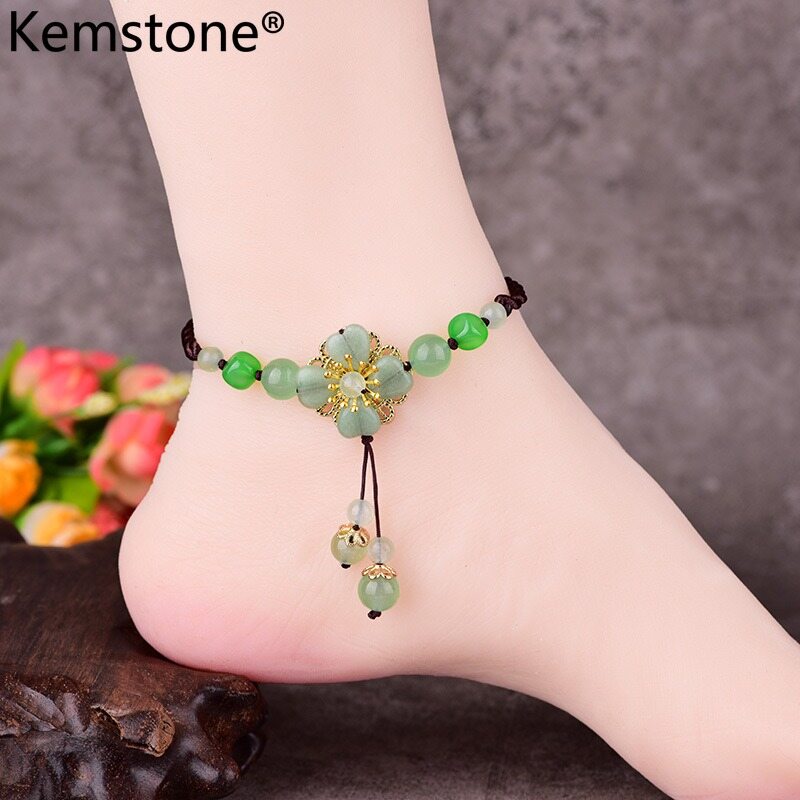 Kemstone Elegant Green Agate Jade Flower Anklet Gift for Women 's Anklets Jewelry
