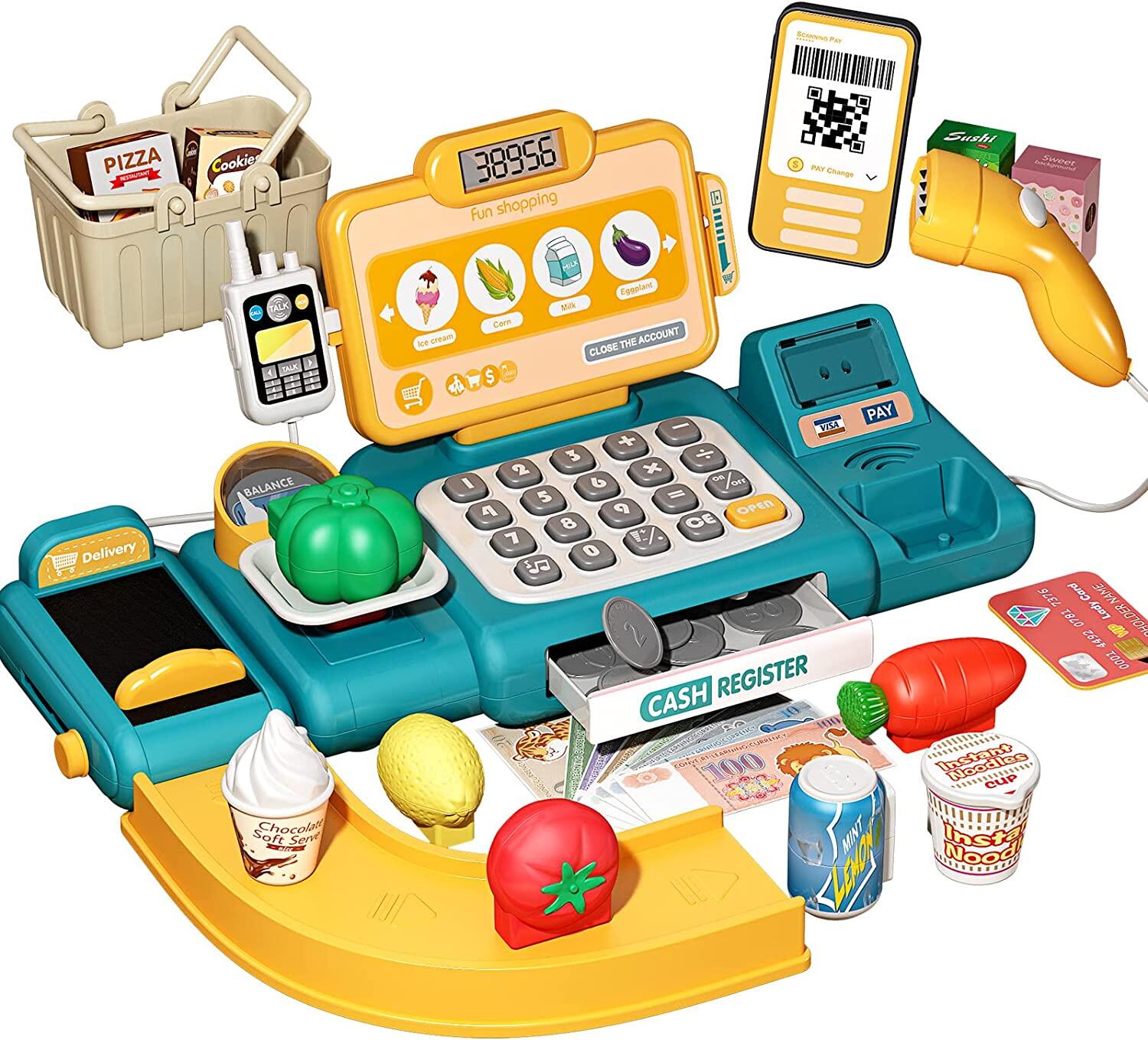 I know 36PCS Cash Register Toy Playset,Pretend Play Money Kids Calculator Cash Register with Scanner, Microphone, Credit Card,Weighers, Conveyors,Play Food, Gift for Ages 3+ Boys Girls