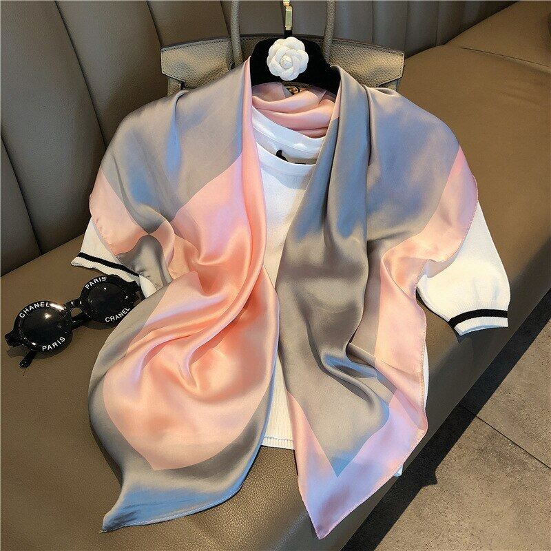 Ladies Fashion Patchwork Color Large Shawl Wrap Hijab Women Echarpe Bandana Neckerchief 90x90cm Square Plain Silk Scarves WJ1006