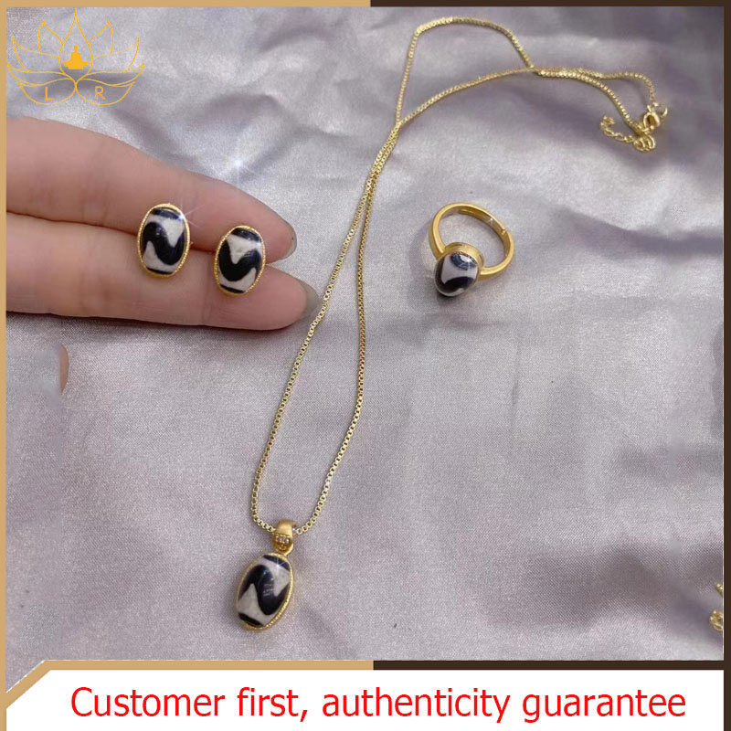LR-Dzi Bead Jewelry Set Three-piece Fashionable and Beautiful Design Tibetan Original Dzi Bead Ring Necklace Dzi Bead Earrings Ladies Jewelry Professional Prayer Blessing and Adding Auspiciousness