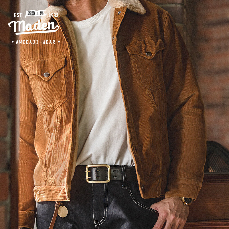 Maden brand tooling style 2024 winter new men youth party dating gentleman American retro corduroy lapel jacket lamb wool coat boyfriend thick padded coat