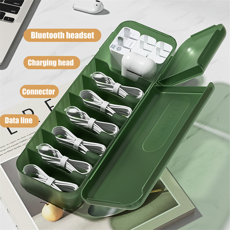 Data Cable Storage Box Cable Charger Organizer with 7 Compartments Container Case Electronic Accessories for Desk Drawer Cord Storage Organizer