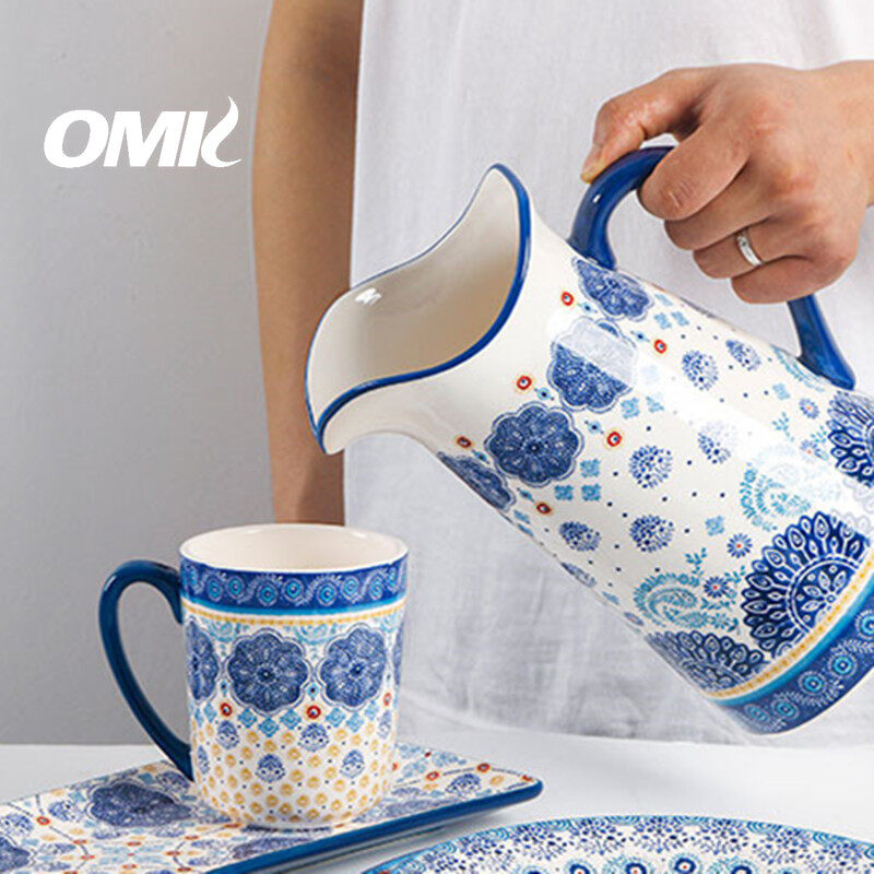 Omk màu xanh talavera loạt gốm 14 inch hình chữ nhật đĩa phẳng để thức ăn Salad món tráng miệng khay đĩa