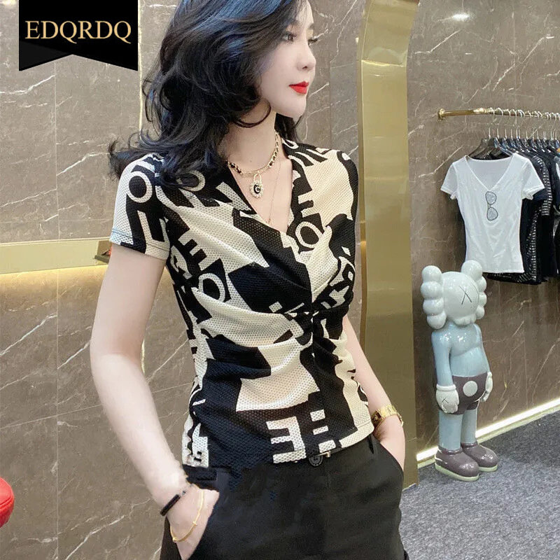 EDQRDQ Áo Sơ Mi Ngắn Tay Xếp Nếp Cổ Chữ V Ren In Chữ Cho Nữ Áo Dáng Ôm Thường Ngày Áo Cánh