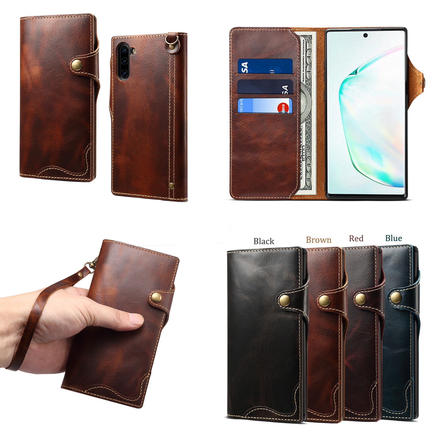 Genuine Leather Wallet Cover for Samsung Galaxy Note 8 9 10 20 Real Leather Case Galaxy Note10+ Note10 Plus Note20 Ultra with Pocket Hand Strap