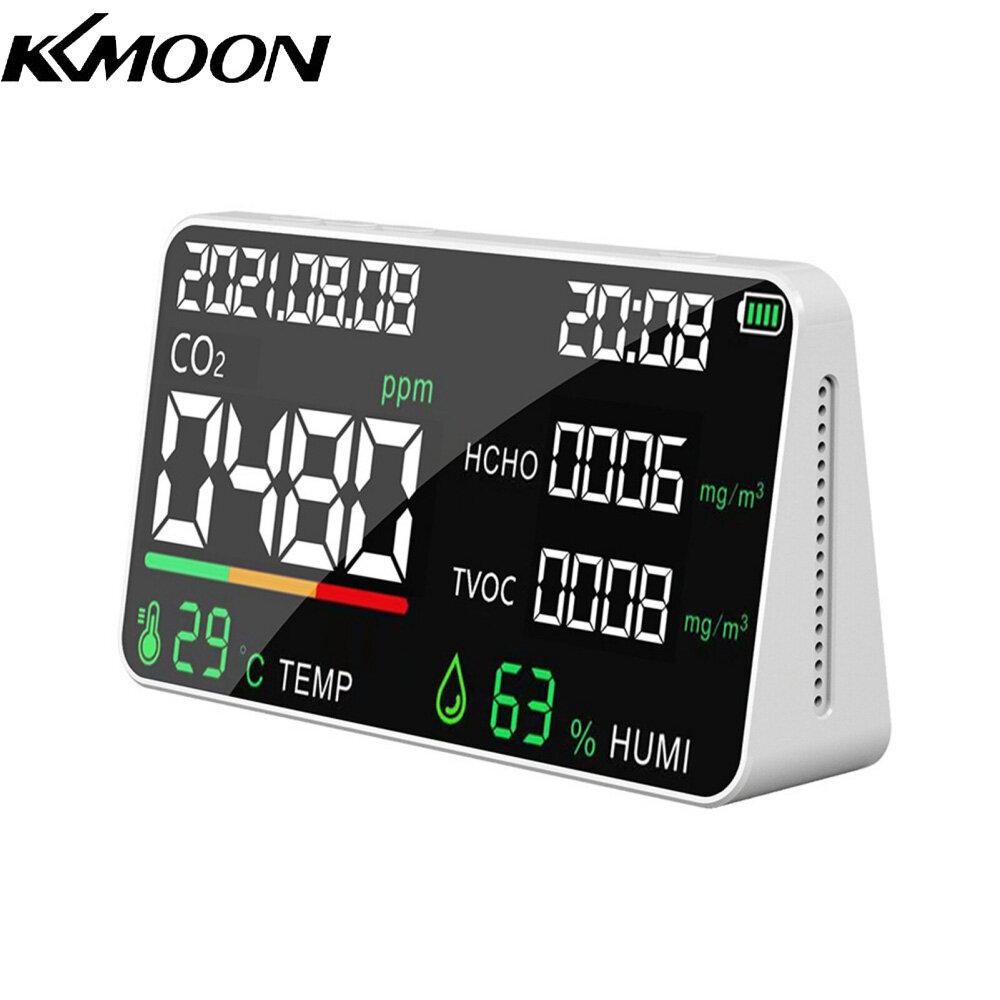 KKmoon 5 in 1 Air Quality Monitor LED Digital CO2 HCHO TVOC Temperature Humidity Tester USB Rechargeable Indoor Carbon Dioxide Meter for Room Office Greenhouse Warehouse