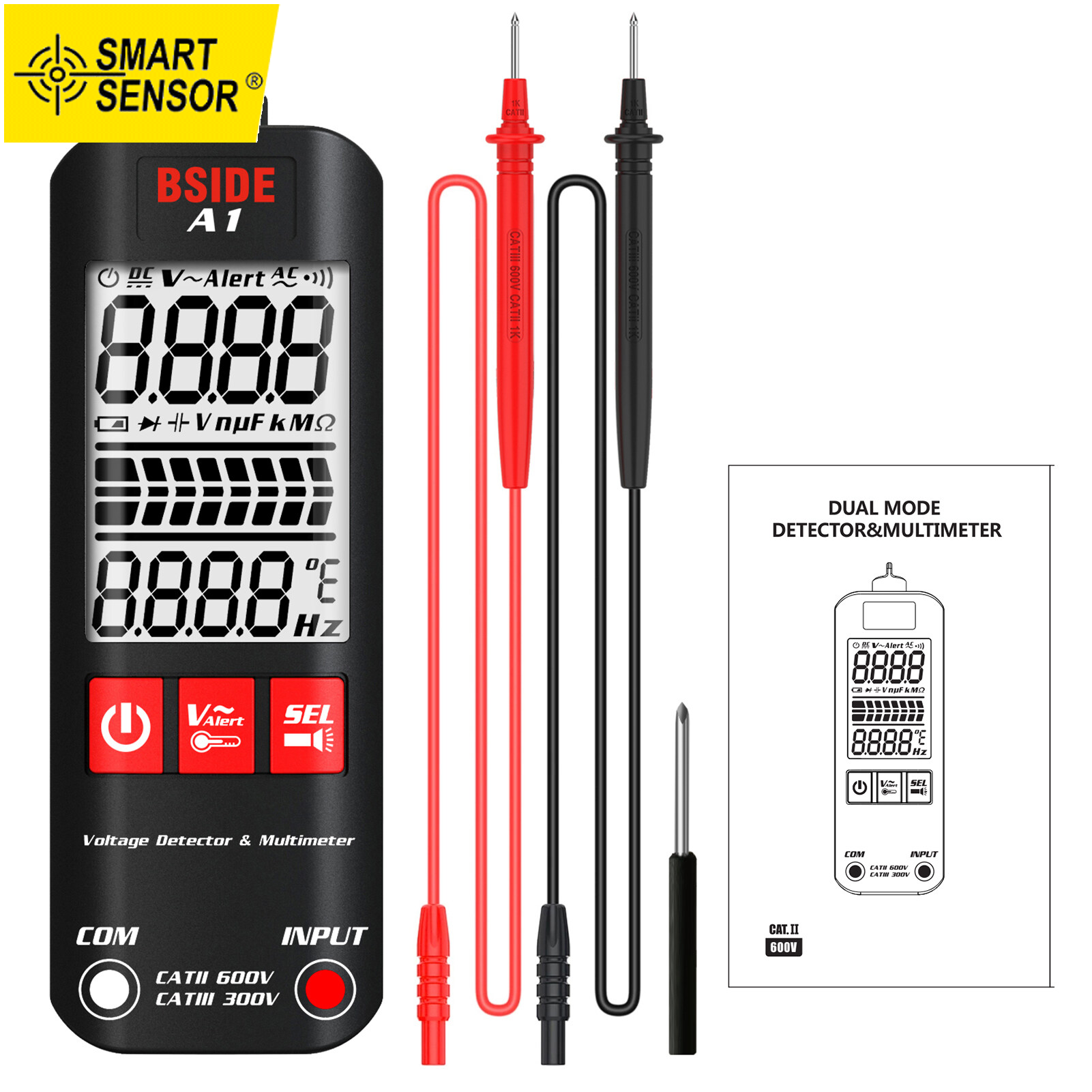 Smart Sensor BSIDE A1 Mini Multimeter LCD Digital Tester Voltage Detector 2000 Counts DC/AC Voltage Frequency Resistance NCV Continuity Live Wire Neutral Wire Check True RMS Meter