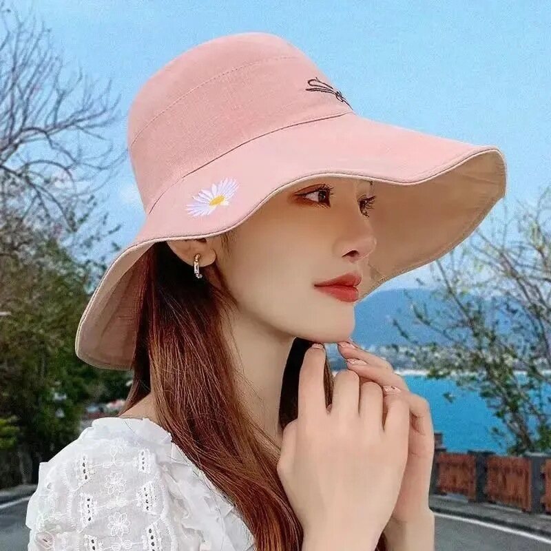 Korean Version of The Double-sided Daisy Embroidered Fisherman Hat Female Summer Japanese Style Sunscreen Sun Hat