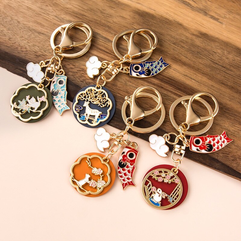 Metal Keychain with Cute Bunny and Flower Pattern