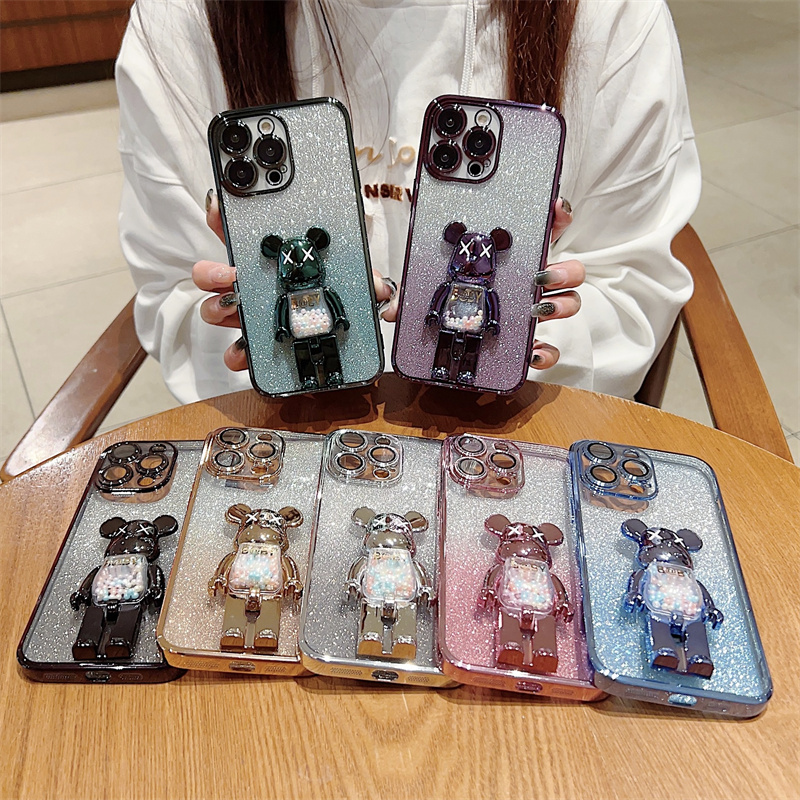 Lens film electroplating case for iphone 7 8 plus se 3 2022 casing case xr xs max cute cartoon bear folding bracket back case for iphone 11 12 13 14 pro max 2023 fashion cover