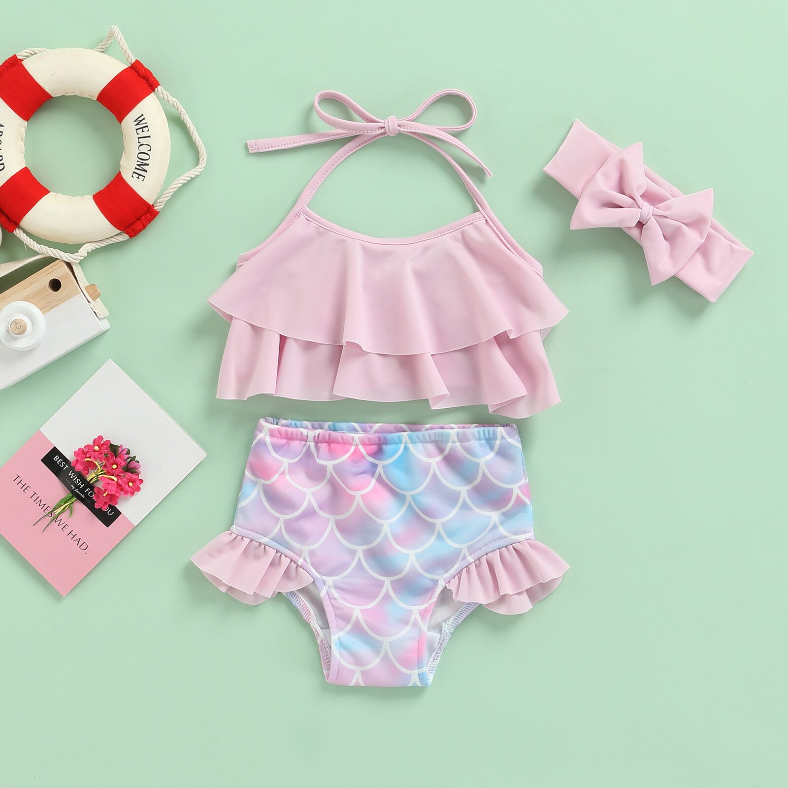 Heartandsoul-0-3Y Girls Swimsuits New Fashion Toddler Kids Girls Ruffles Halter Mermaid Bottom Bikini Swimming Suit Beachwear for Children