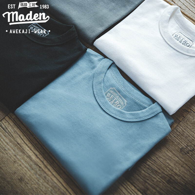 Maden brand tooling style male tough guy gentleman simple American retro heavy 300g solid color thick carbon brushed T-shirt men summer home casual cotton short sleeve loose