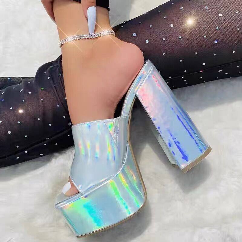 2022 Summer New Women's Magazine Style Simple Colorful Square Toe Waterproof Platform Super High Heel Chunky Heel Sandals Street Shot High Heels 15cm