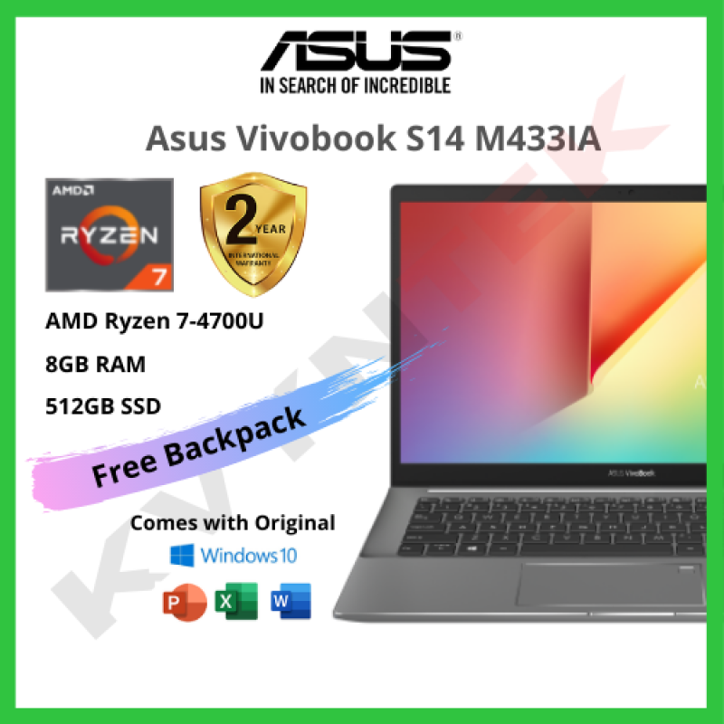 Asus VivoBook S14 M433IA Laptop ( AMD Ryzen 7, 8GB RAM, Microsoft Office, 512GB SSD, AMD Graphics, 14.0, Finger Print ) Malaysia