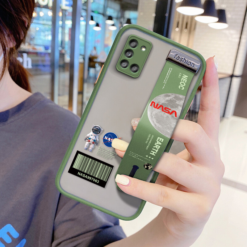 (With Wristband)Hontinga Casing Case For Samsung Galaxy A31 A03 Case Shockproof NASA Moon transparent Phone Case Soft Edge Lens Camera Protector Back Cover Casing Thin Hard Case For Boys For Girls