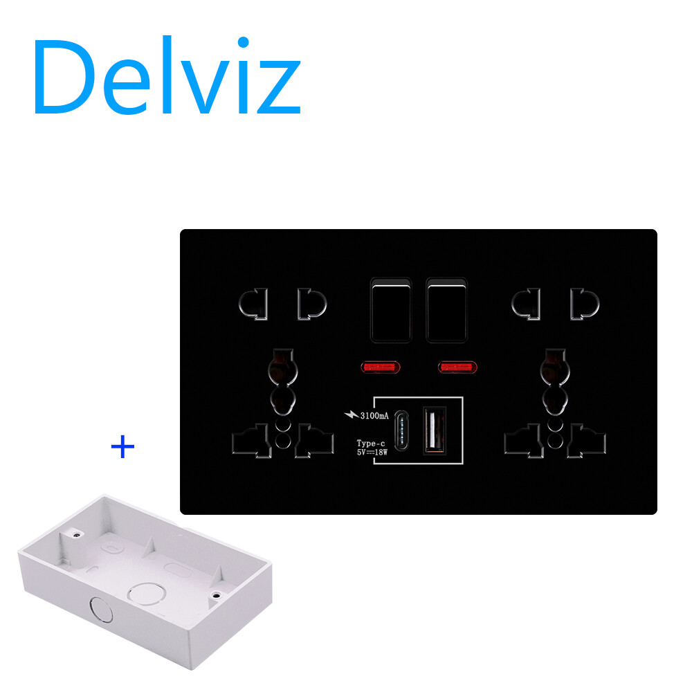 Delviz EU/UK/US 5 hole wall mounted C socket, smart fast charging socket. 1A/1C Charging node. Power socket size 146mm * 86mm. With junction box.